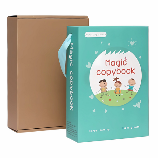 Magic Copybook packaging with teal cover and brown gift box, designed for children’s handwriting practice