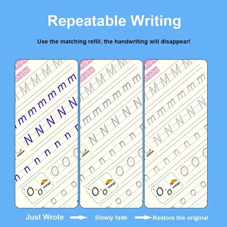Three-step view showing reusable writing pages that fade and restore for repeated handwriting practice