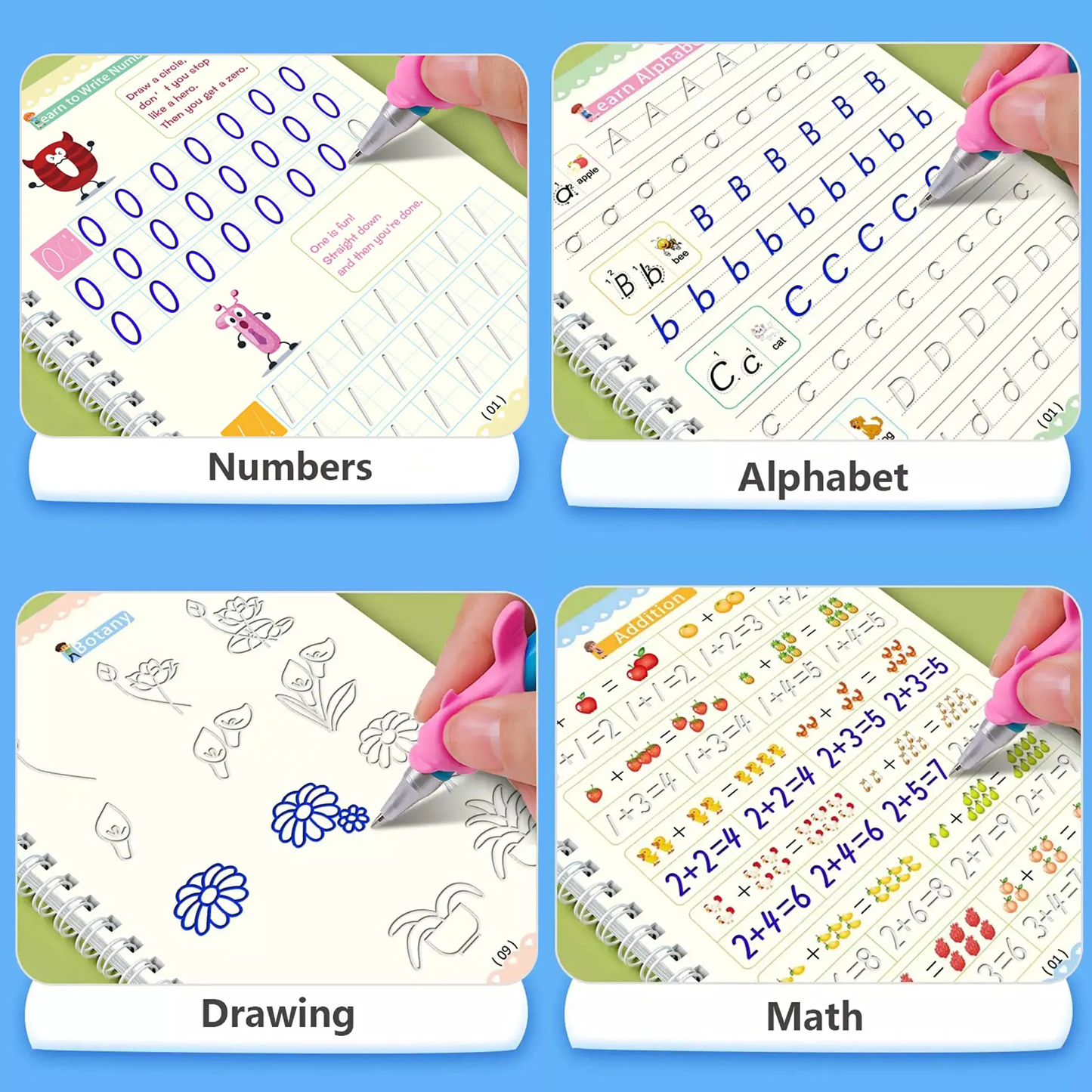 Four Magic Copybooks showcasing different themes: Numbers, Alphabet, Drawing, and Math exercises for kids.