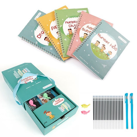 Complete Magic Copybook set featuring five colorful educational notebooks with pens and refills for kids’ learning