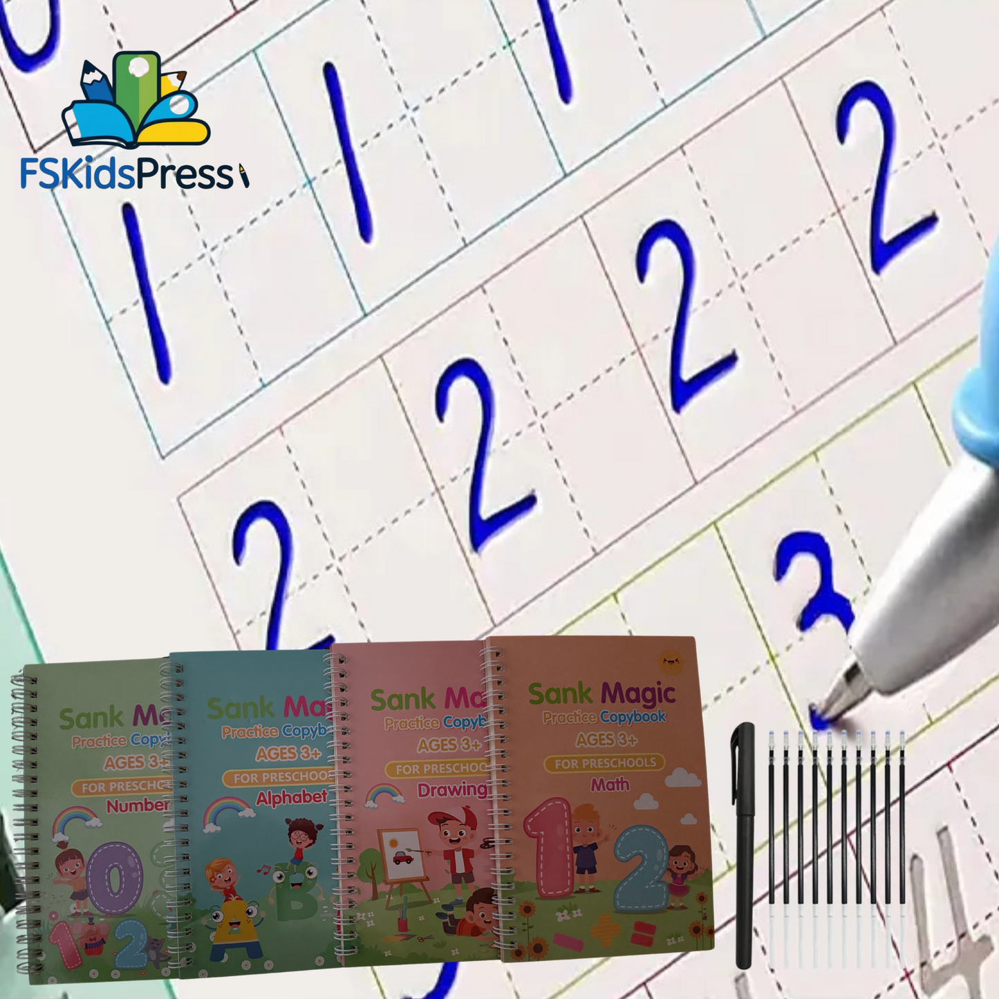 Close-up of Magic Copybook page with grooves for number tracing and included pen for handwriting practice.