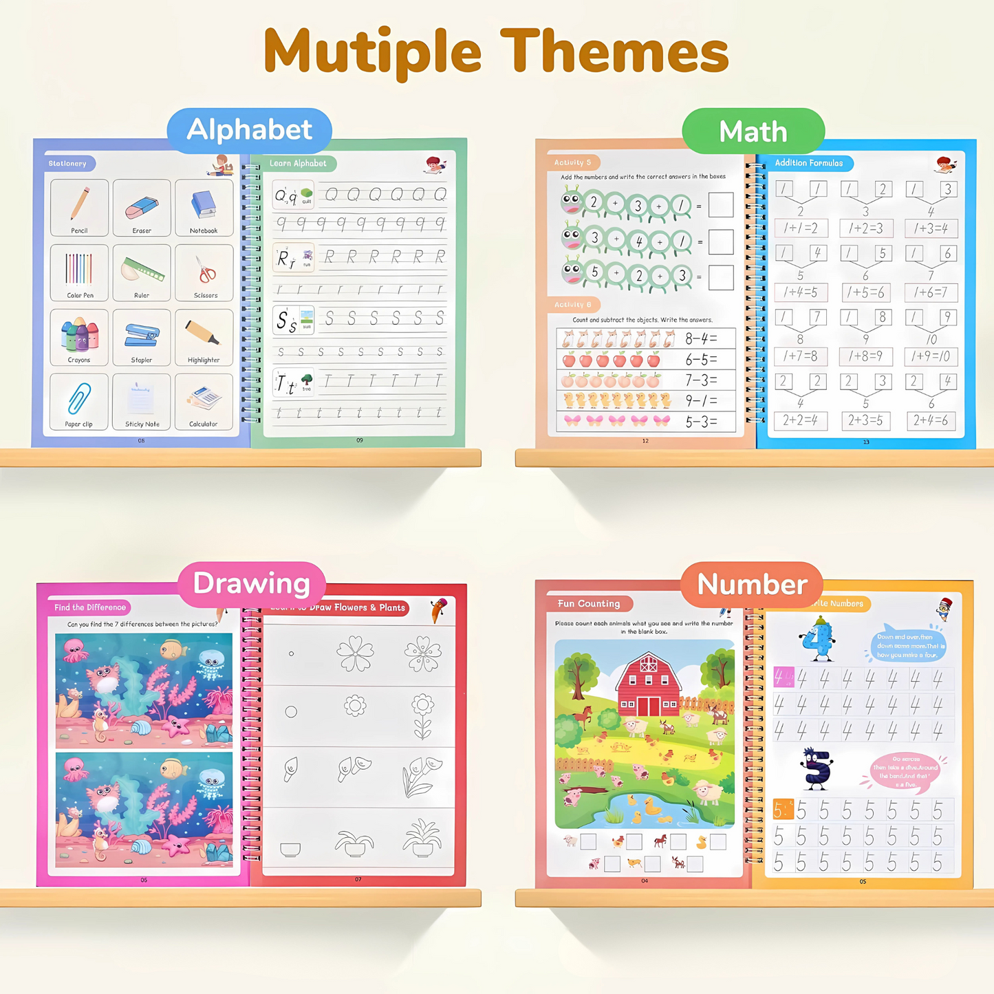 Educational books displayed on shelves with open pages covering Alphabet, Math, Drawing, and Number learning